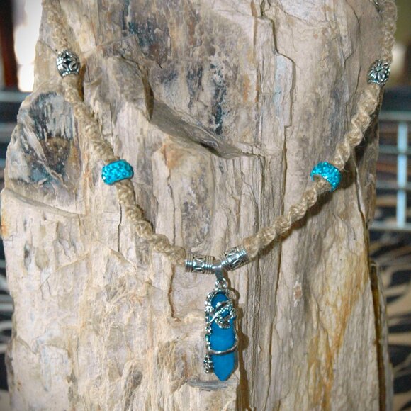 Flower Wrapped Blue Hexagonal Healing Crystal on a Handmade 22" Brown Hemp Chain - Picture 7 of 7
